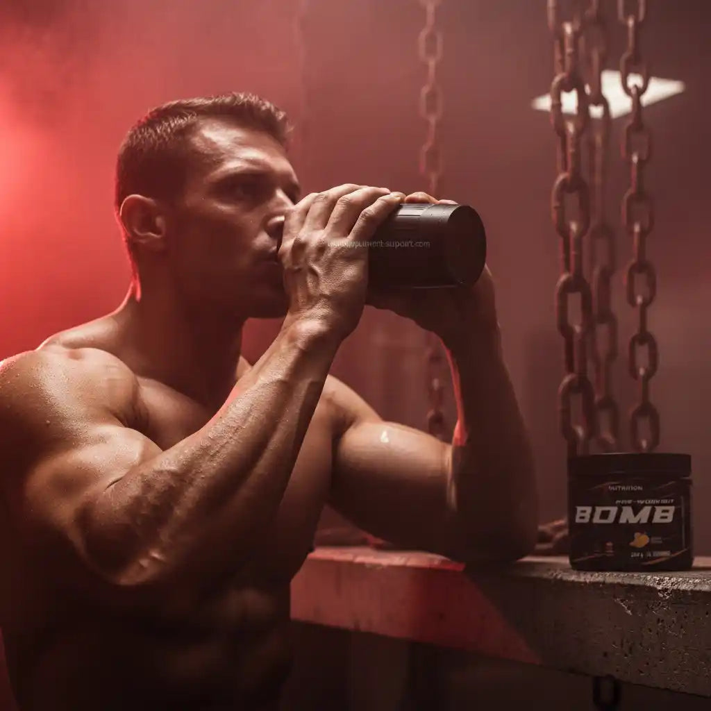 Muskulöser Mann trinkt Proteinshake nach Training mit BOMB Pre-Workout