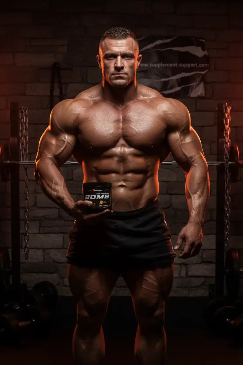 Muskulöser Bodybuilder mit Nahrungsergänzungsmittel im Fitnessstudio, ideal für Sportler und Fitness-Enthusiasten