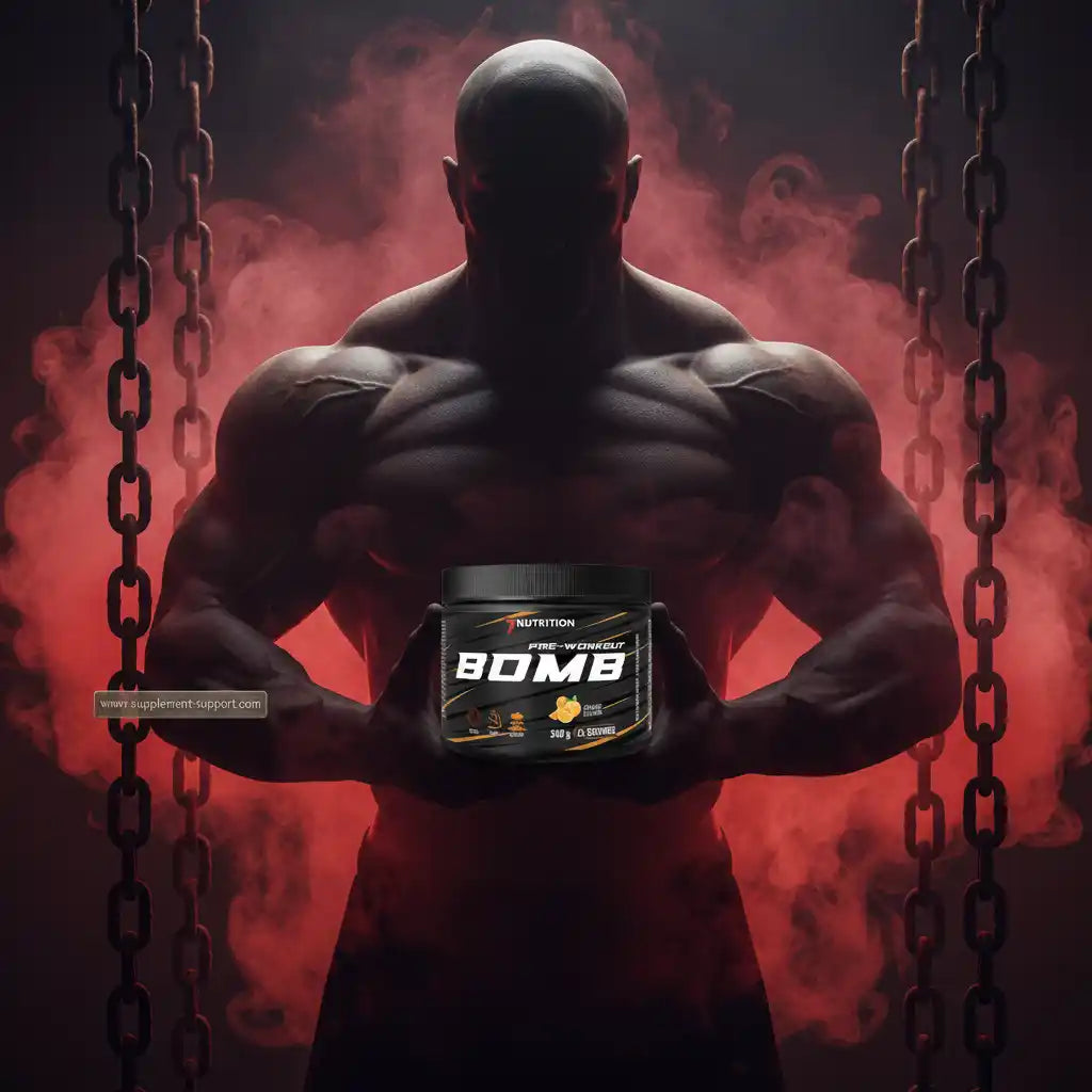 Muskulöser Athlet hält BOMB Pre-Workout von 7NUTRITION vor rotem Rauch und Ketten – Sportnahrung für Fitness & Training