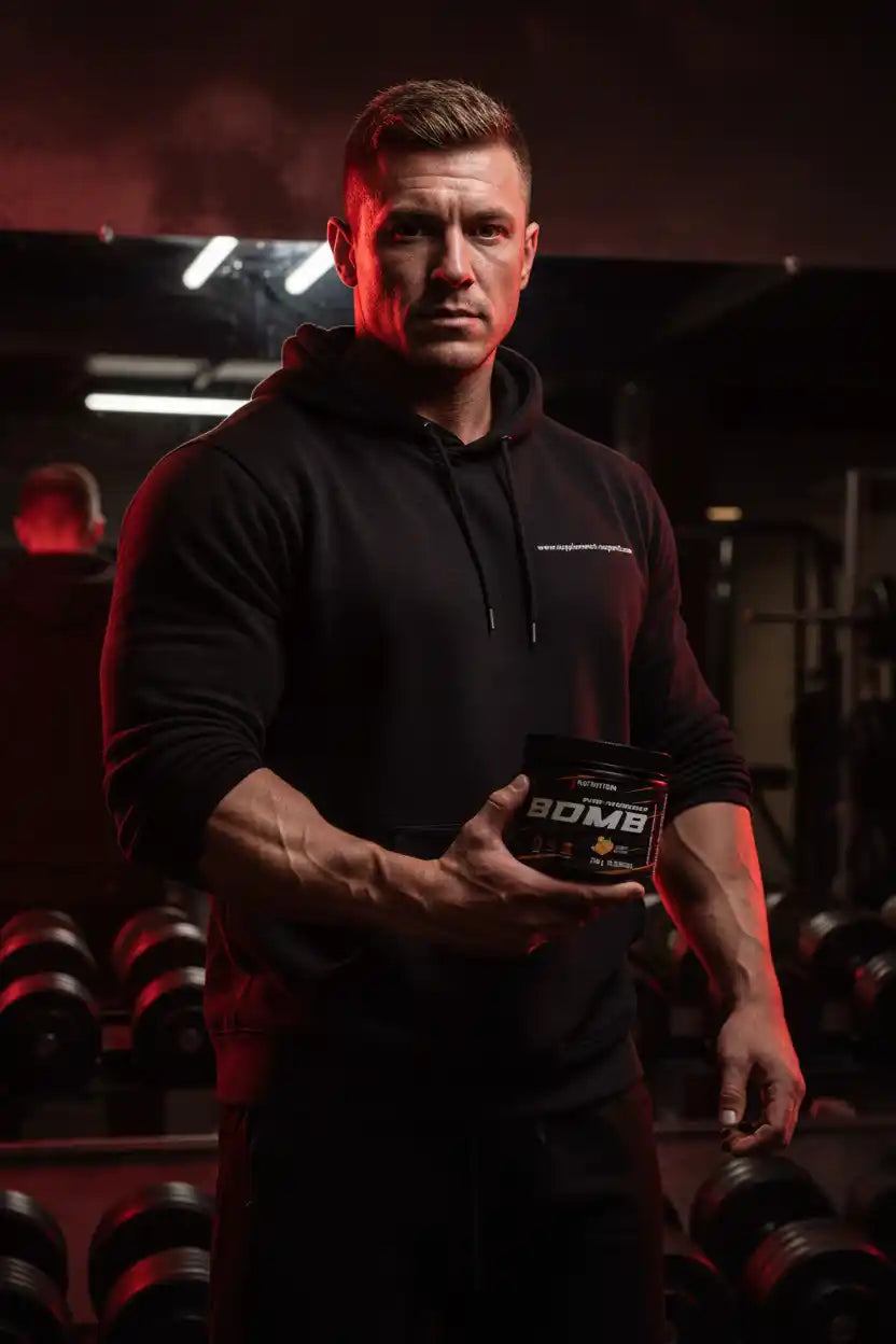 Muskulöser Athlet hält BOMB Pre-Workout in Fitnessstudio, ideal für Krafttraining und Sportnahrung