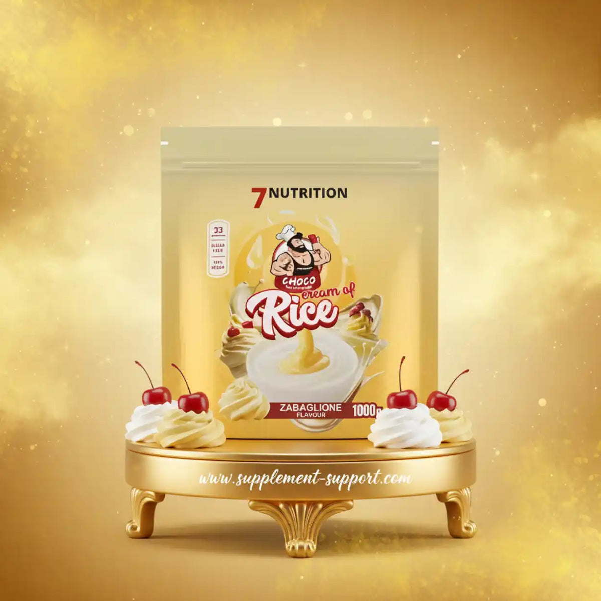 7Nutrition Choco Rice Protein-Pulver in Zabaglione-Geschmack auf goldenem Podest