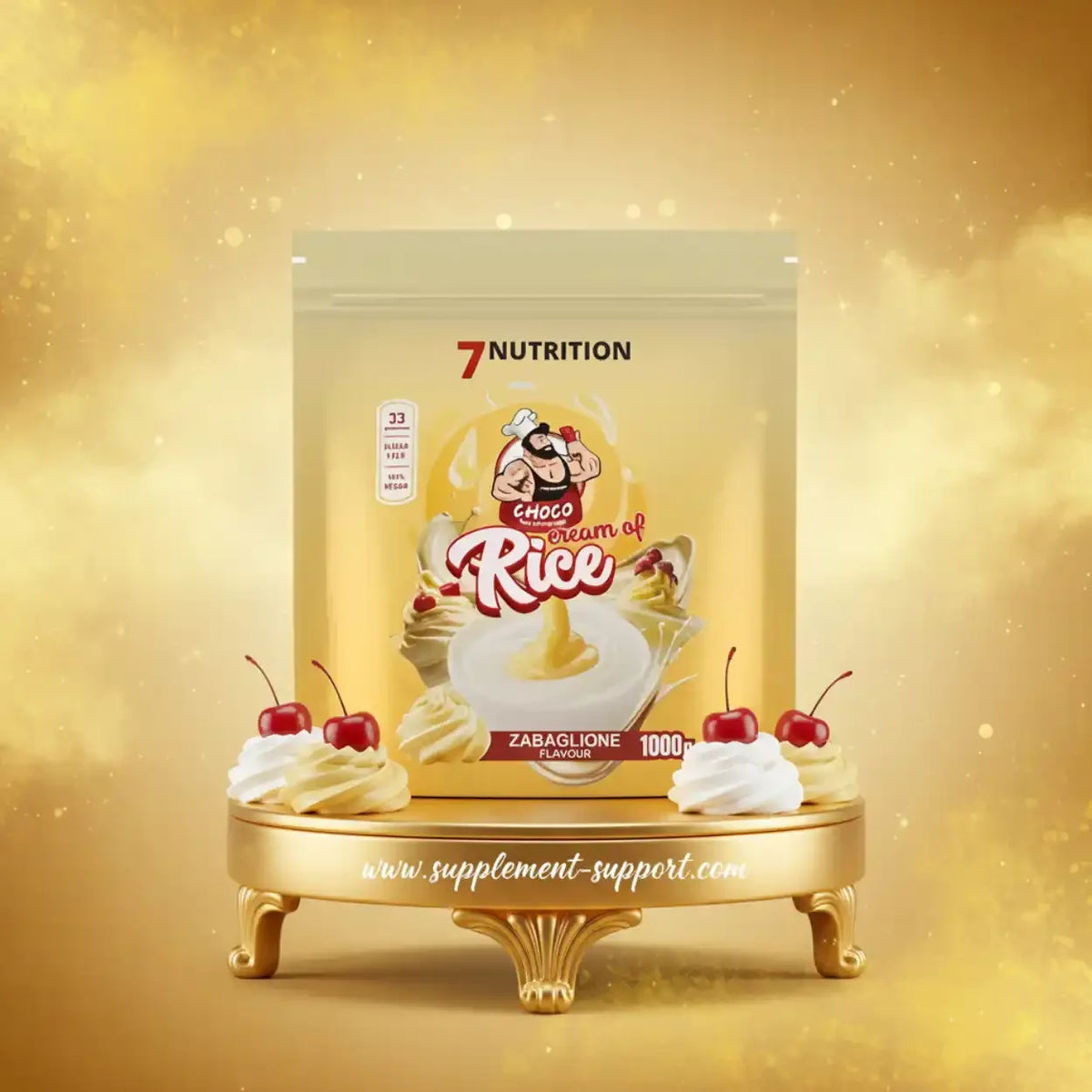 7Nutrition Choco Rice Protein-Pulver in Zabaglione-Geschmack auf goldenem Podest