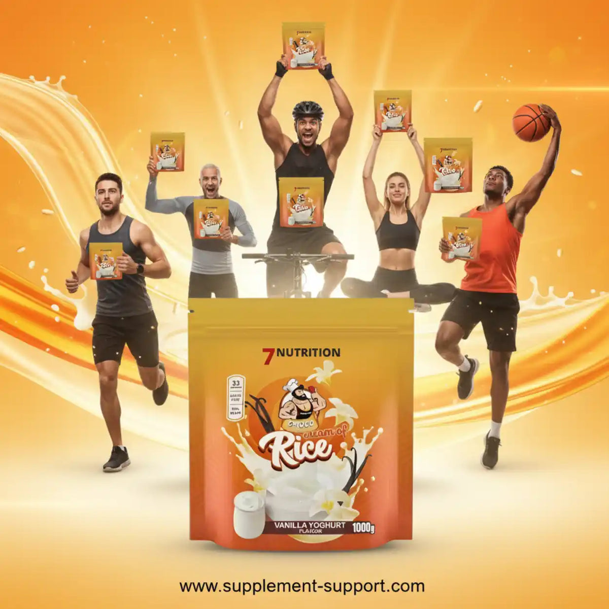 7Nutrition Cream of Rice Vanille-Joghurt Sportnahrung mit Sportlern im Hintergrund