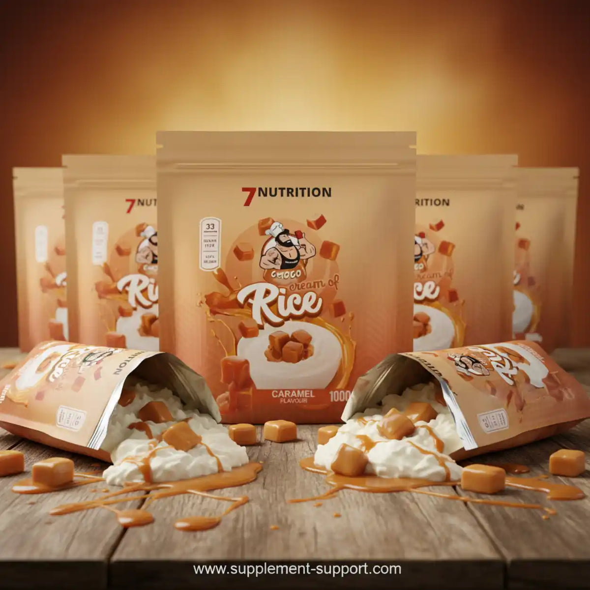 7Nutrition Cream of Rice Caramel Geschmack in Beuteln auf einem Holztisch