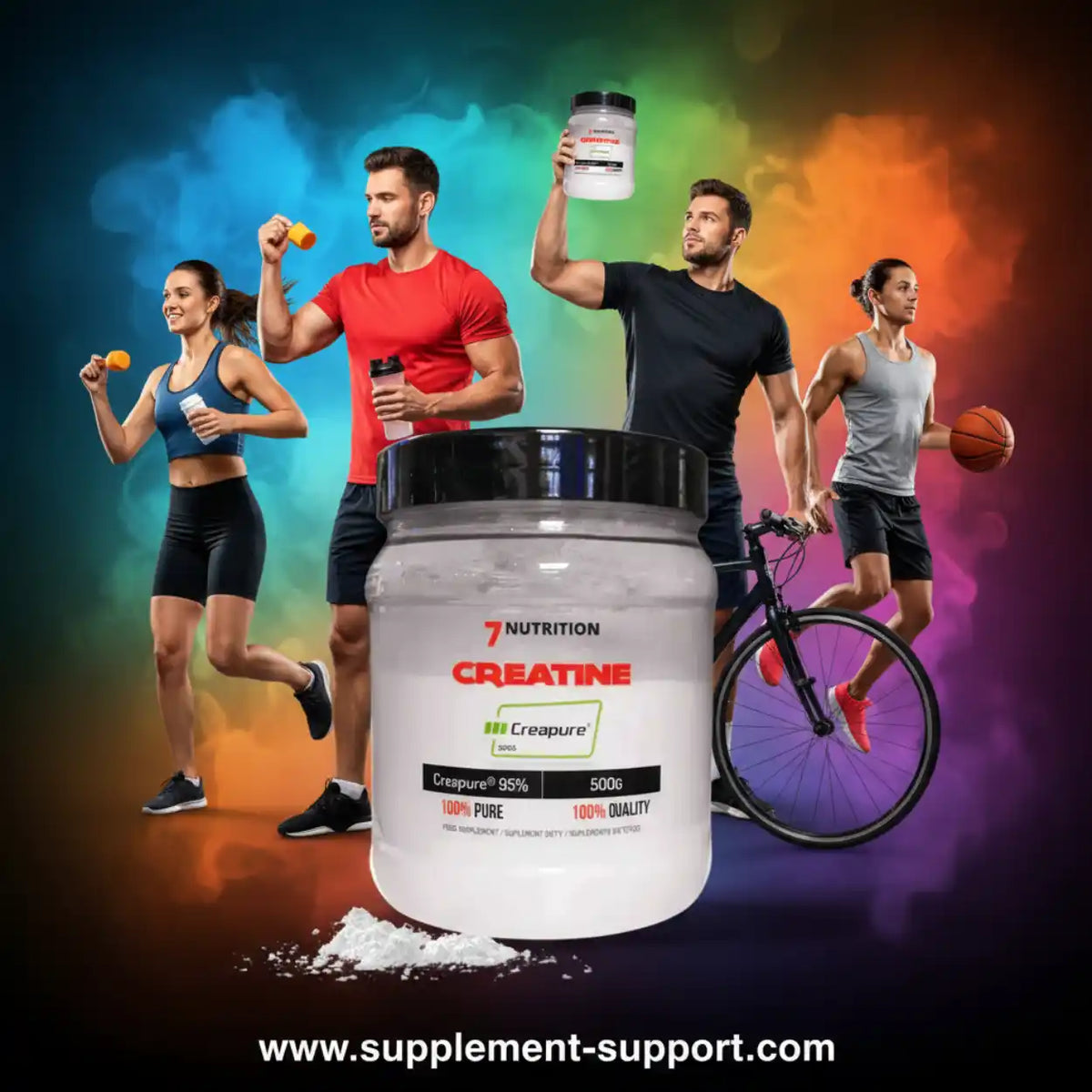 7 Nutrition Creatine mit Creapure für Sportler vor buntem Hintergrund