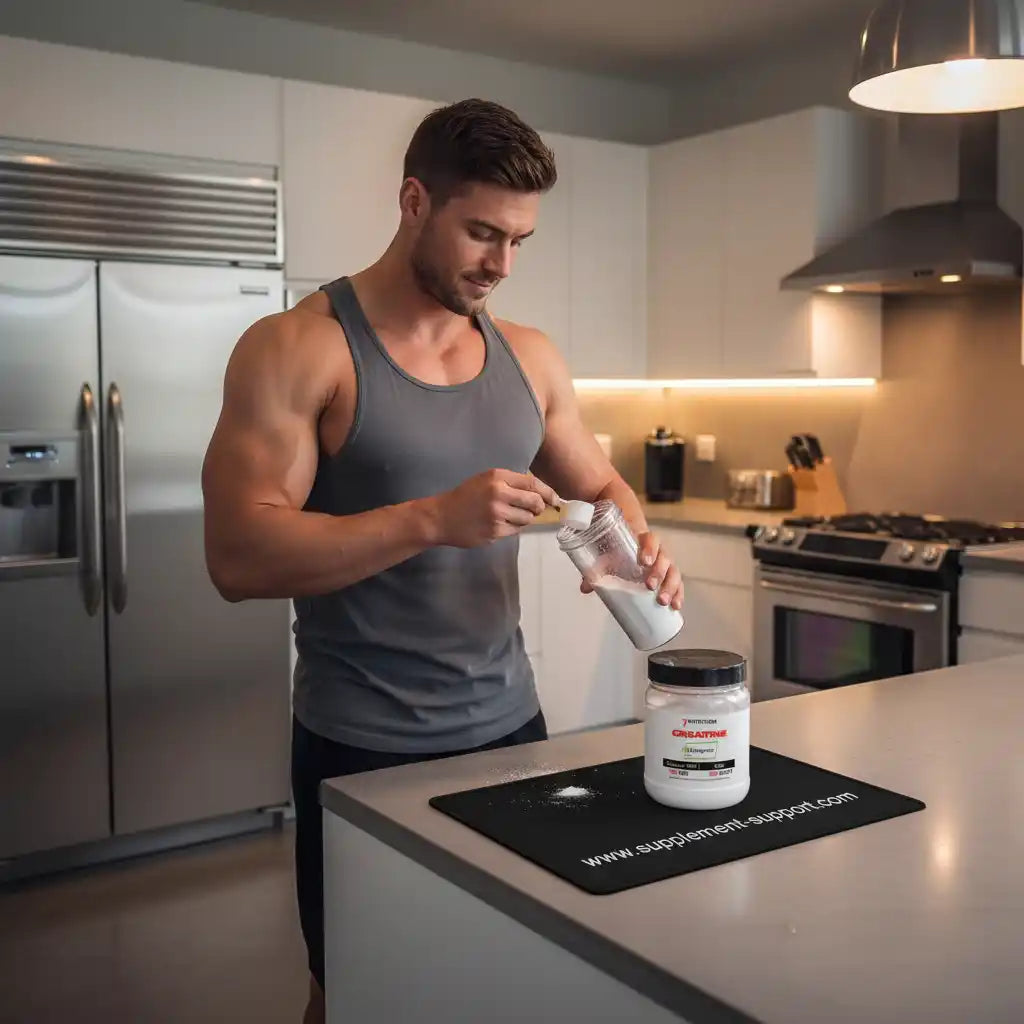 Muskulöser Mann bereitet Kreatin-Supplement in moderner Küche vor – ideal für Fitness & Sportler