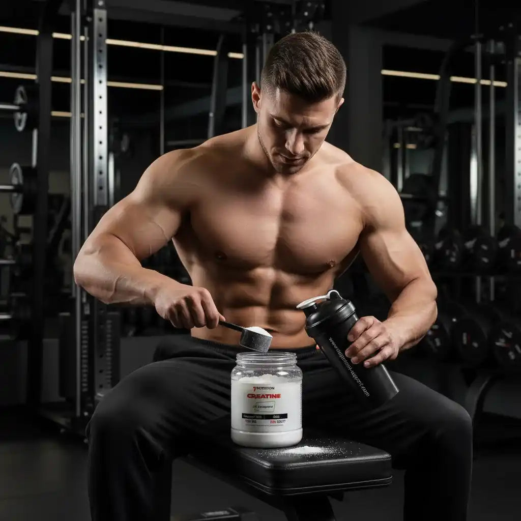 Muskulöser Mann bereitet Kreatin-Pulver in Shaker vor – Fitness & Sportnahrung für Krafttraining