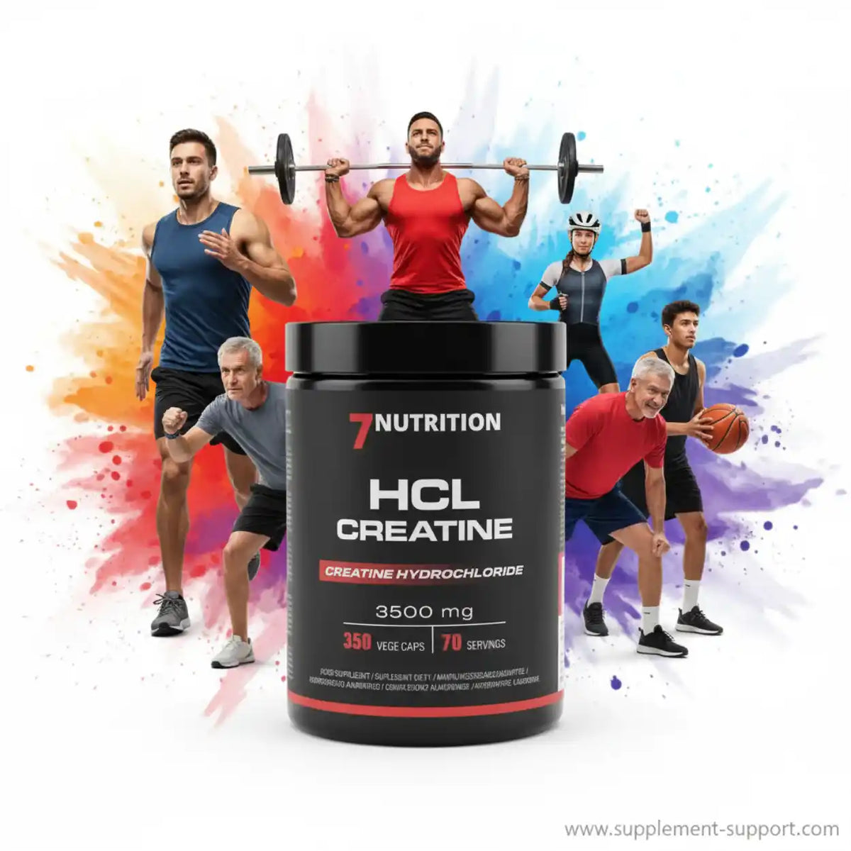 7Nutrition HCL Creatine Supplement Dose vor sportlichen Personen auf farbigem Hintergrund