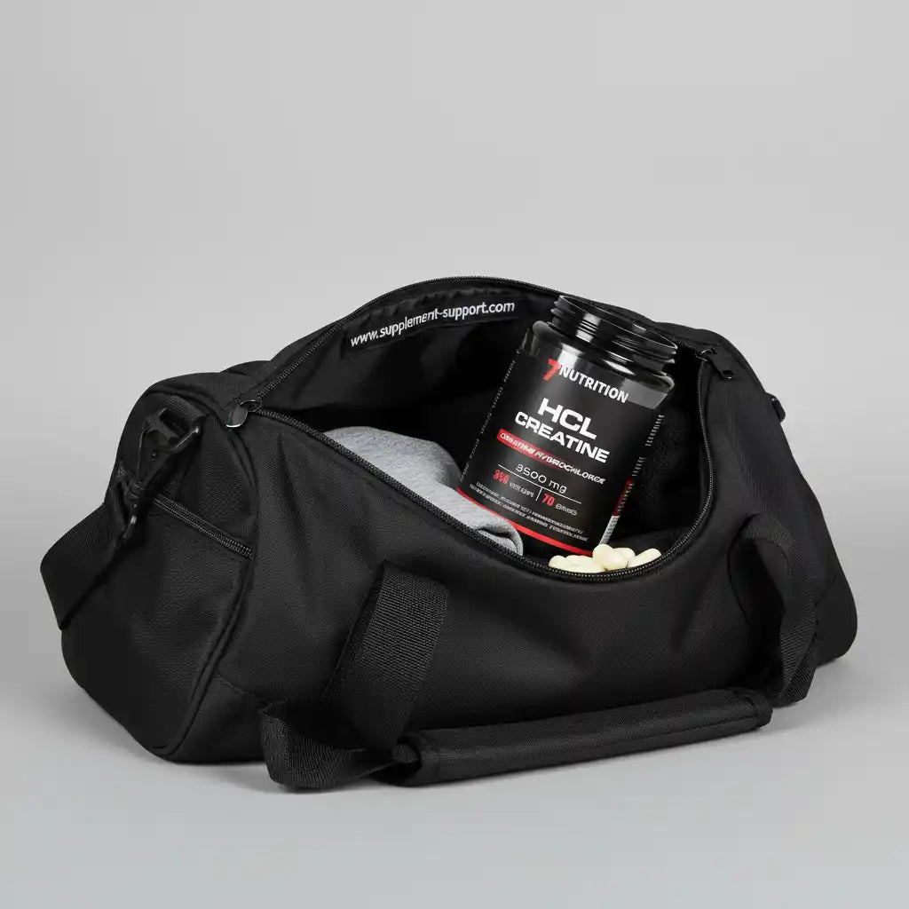Schwarze Sporttasche mit HCL Creatine Supplement und Trainingskleidung für Fitness und Sport