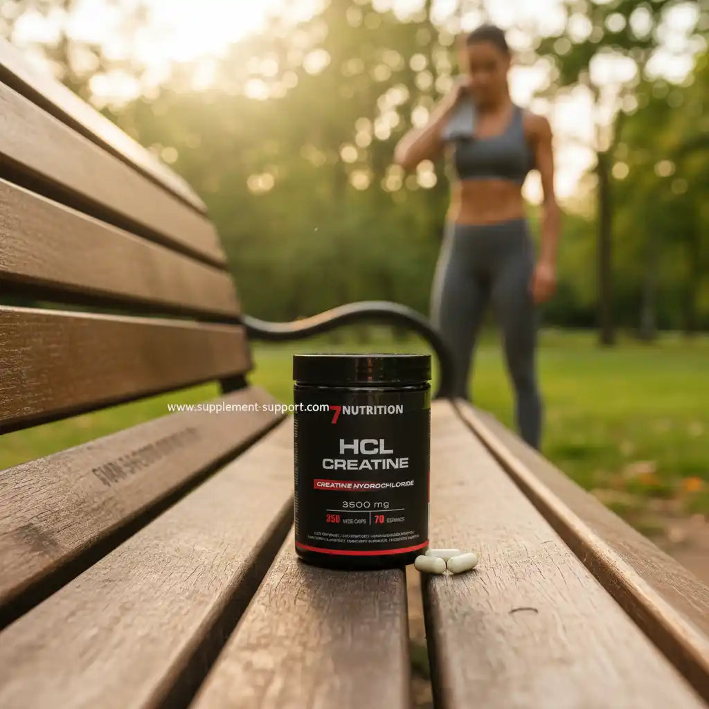 HCL Creatine 3500 mg von 7Nutrition auf Parkbank, ideal für Sportler und Fitness-Enthusiasten