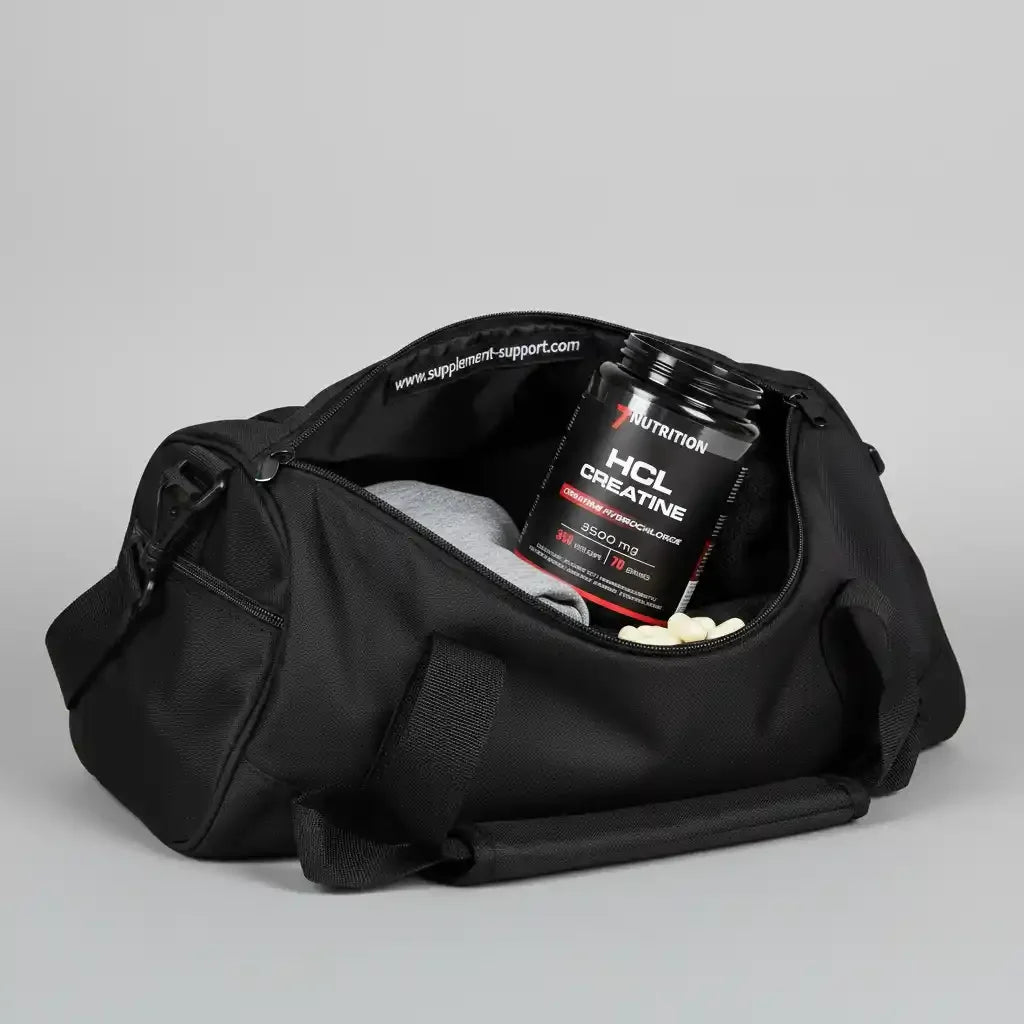 Schwarze Sporttasche mit HCL Creatine Supplement und Trainingskleidung für Fitness und Sport