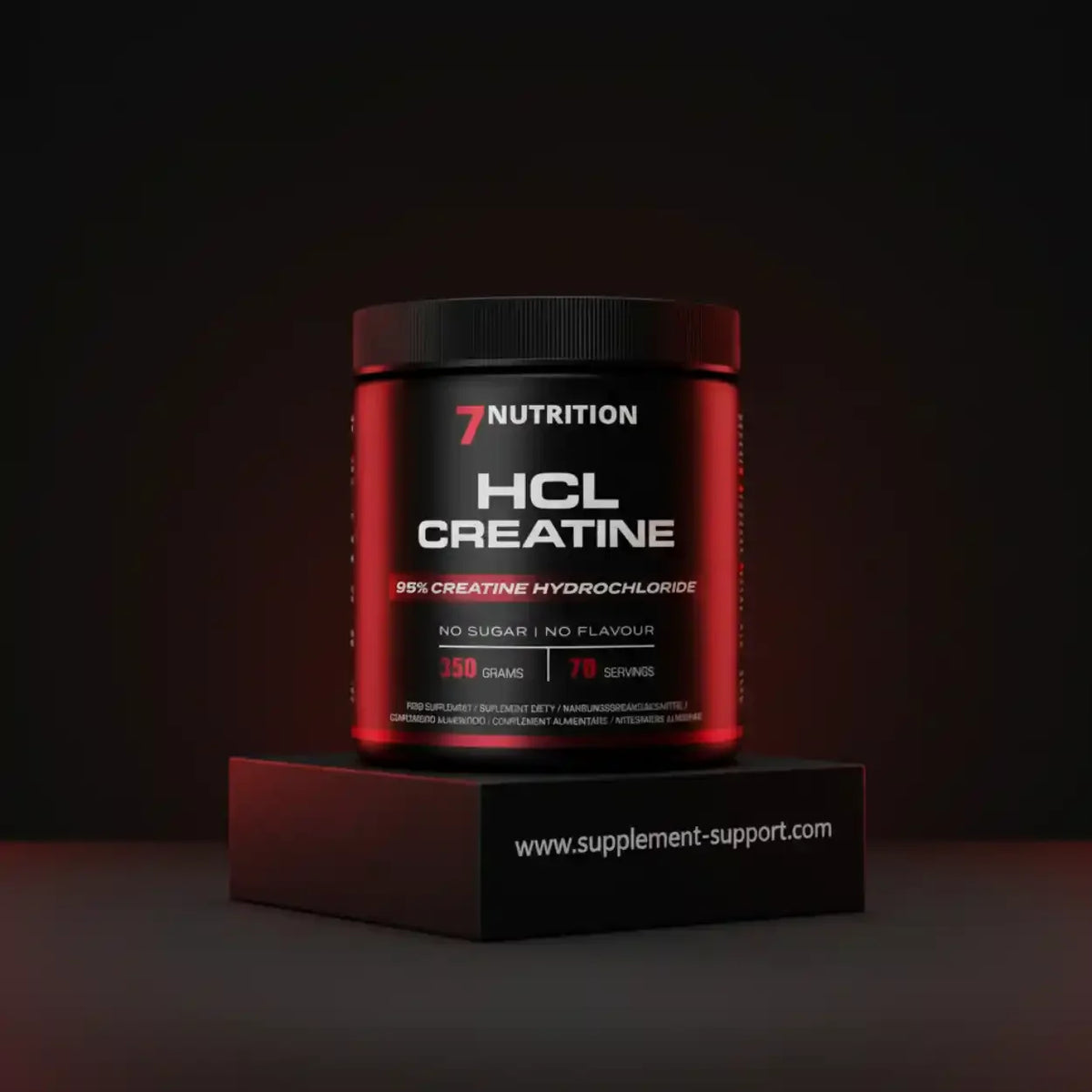 Schwarze Dose 7Nutrition HCL Creatine Nahrungsergänzungsmittel auf einem Podest