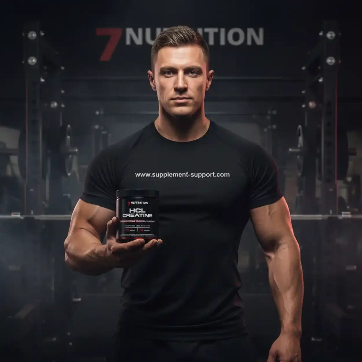 Muskulöser Mann hält HCL Creatin Nahrungsergänzungsmittel im Fitnessstudio.