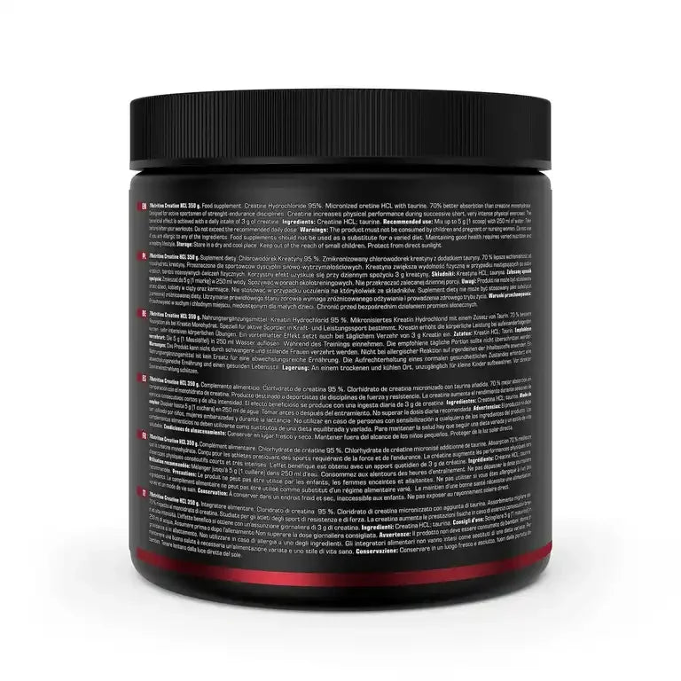 Rückseite einer Creatine Hydrolynized Dose mit detaillierten Zutatenlisten und Anweisungen.