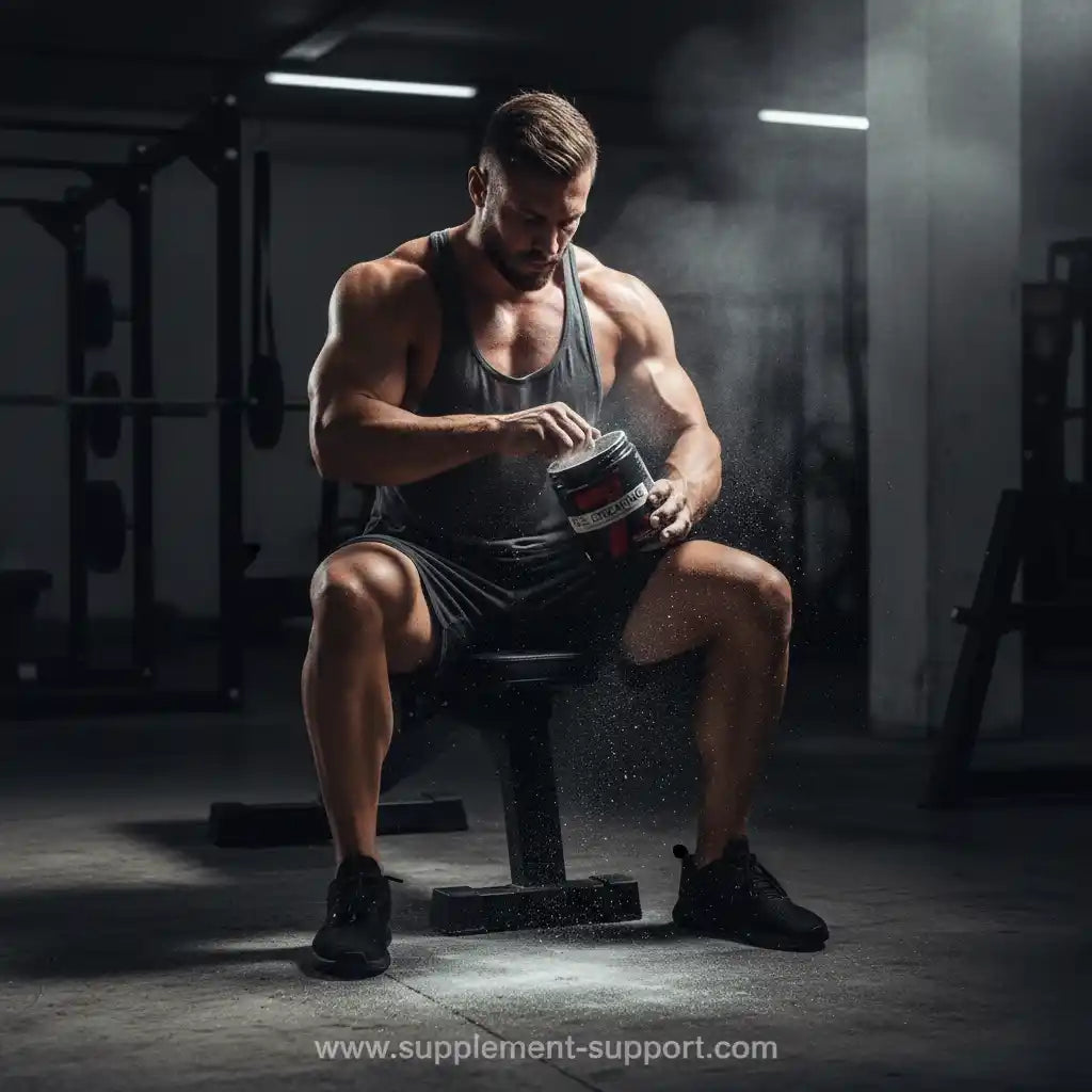 Muskulöser Athlet öffnet Nahrungsergänzungsmittel-Dose im Fitnessstudio, ideal für Sportler und Fitness-Enthusiasten
