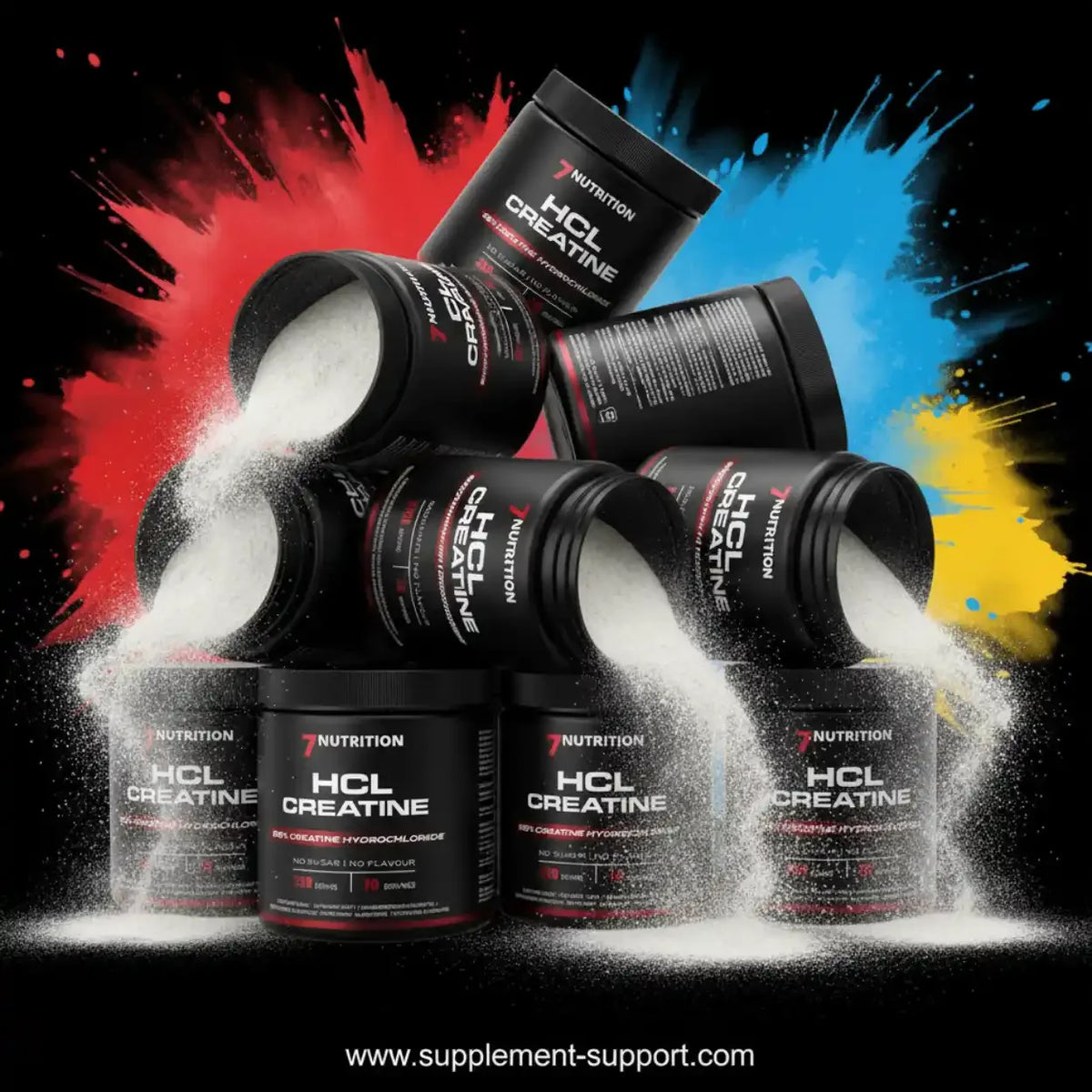 7Nutrition HCL Creatine Sportnahrung in schwarzen Dosen vor farbigem Hintergrund