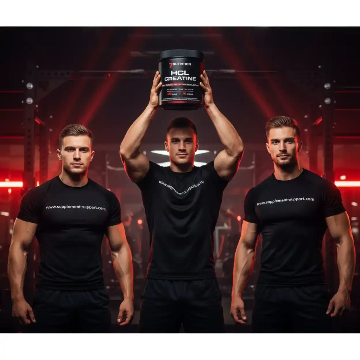 Drei muskulöse Männer im Fitnessstudio mit einer Dose HCL Creatine von 7 Nutrition.