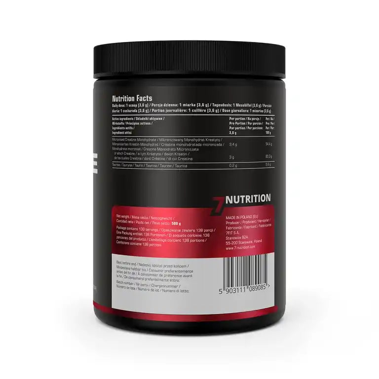 Rückseite einer Z-Nutrition Creatin-Monohydrat Dose mit Nährwerttabelle