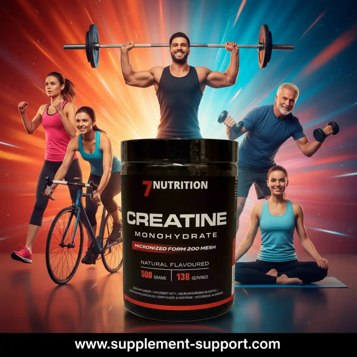 7 Nutrition Creatine Monohydrate Supplement mit Sportlern im Hintergrund