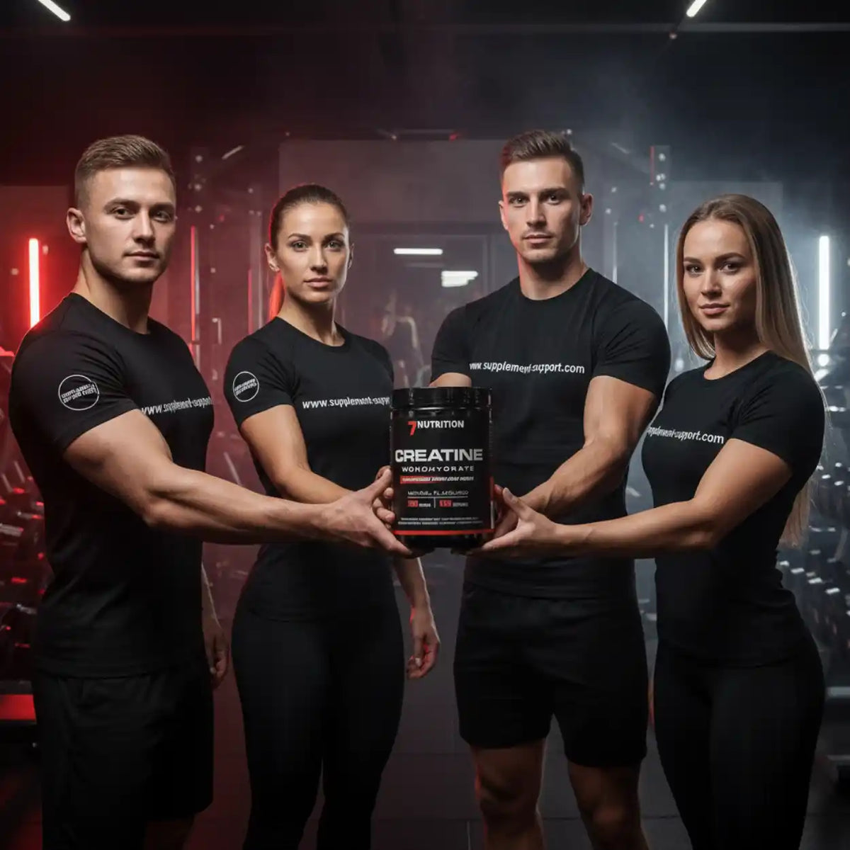 Vier Sportler im Fitnessstudio halten gemeinsam eine Dose Creatine Monohydrate von NUTRITION.