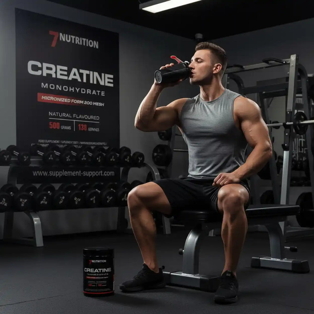 Muskulöser Sportler trinkt aus Shaker im Fitnessstudio mit Creatine Monohydrat Dose.