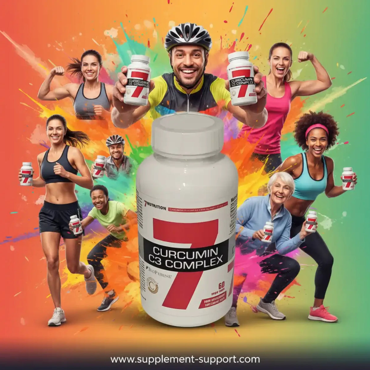7Nutrition Curcumin C3 Complex Nahrungsergänzungsmittel mit Sportlern vor farbigem Hintergrund