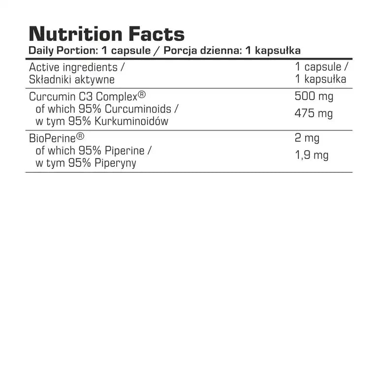 Nährwerttabelle für Curcumin C3 Complex und BioPerine Nahrungsergänzungsmittel