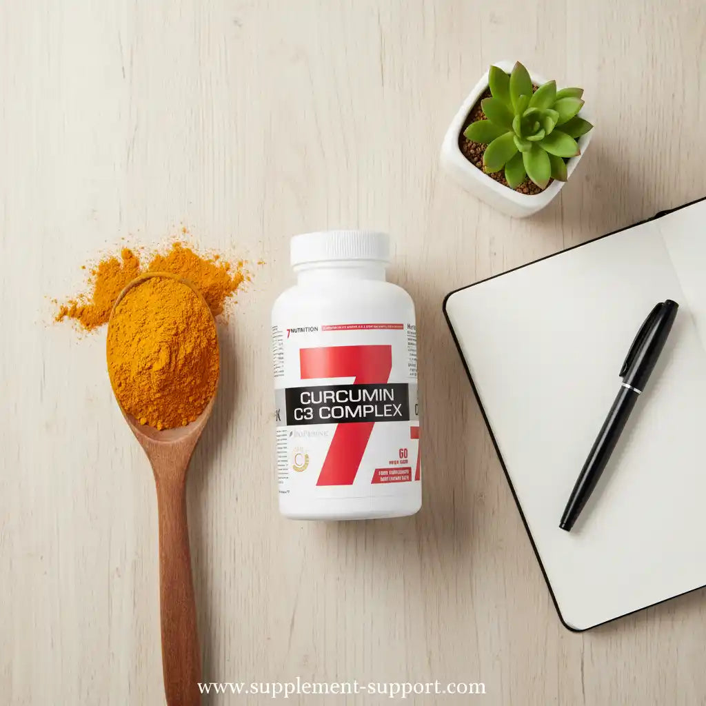 Curcumin C3 Complex Kapseln neben Holzlöffel mit Kurkuma-Pulver, Notizbuch und Sukkulente auf Holztisch