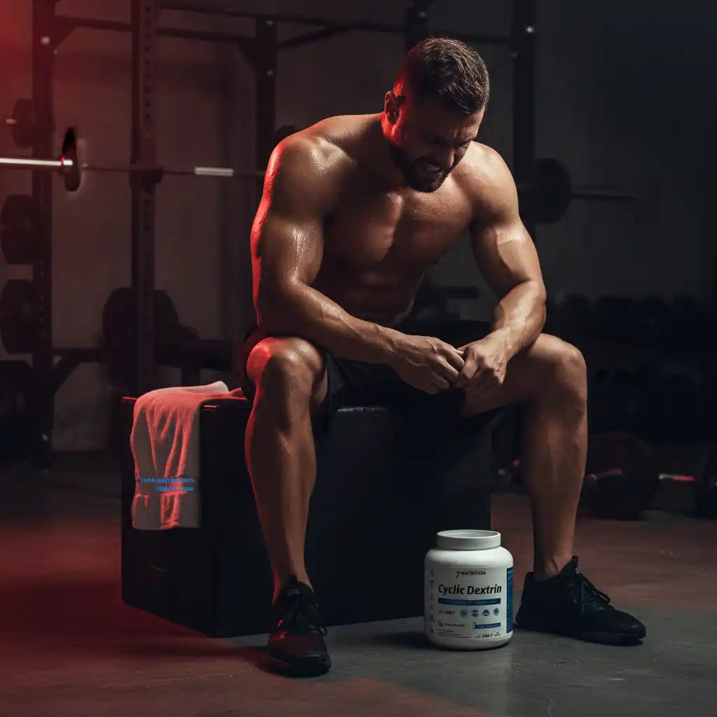 Muskulöser Athlet im Fitnessstudio mit Cyclic Dextrin Nahrungsergänzung, ideal für Sportler und Fitness