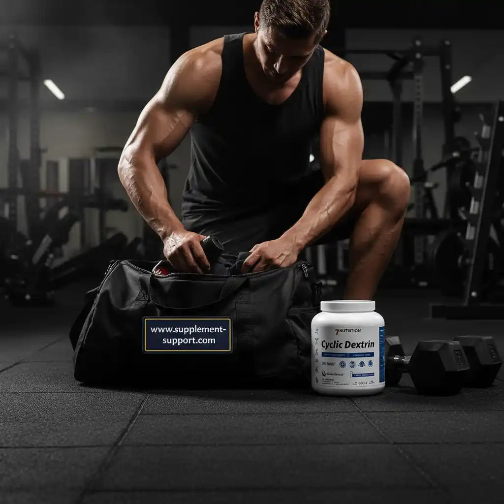 Muskulöser Sportler packt Trainingsbag mit Cyclic Dextrin Nahrungsergänzung im Fitnessstudio