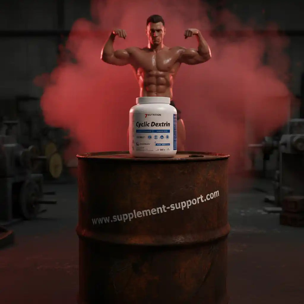 Cyclic Dextrin Sportnahrung auf rostigem Fass vor muskulösem Athleten mit rotem Nebel, ideal für Fitness & Training