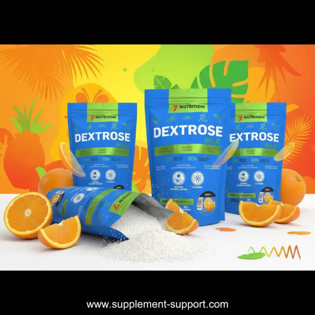 7 Nutrition Dextrose Gold Traubenzucker Pulver mit frischen Orangen im Hintergrund