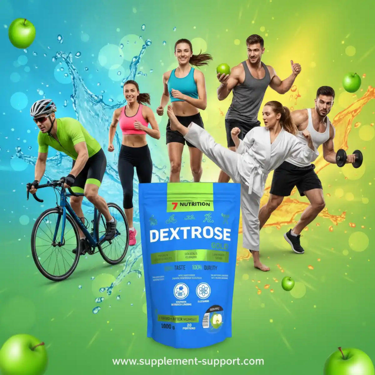 Dextrose Nahrungsergänzungsmittel vor einer Gruppe von sportlich aktiven Menschen.