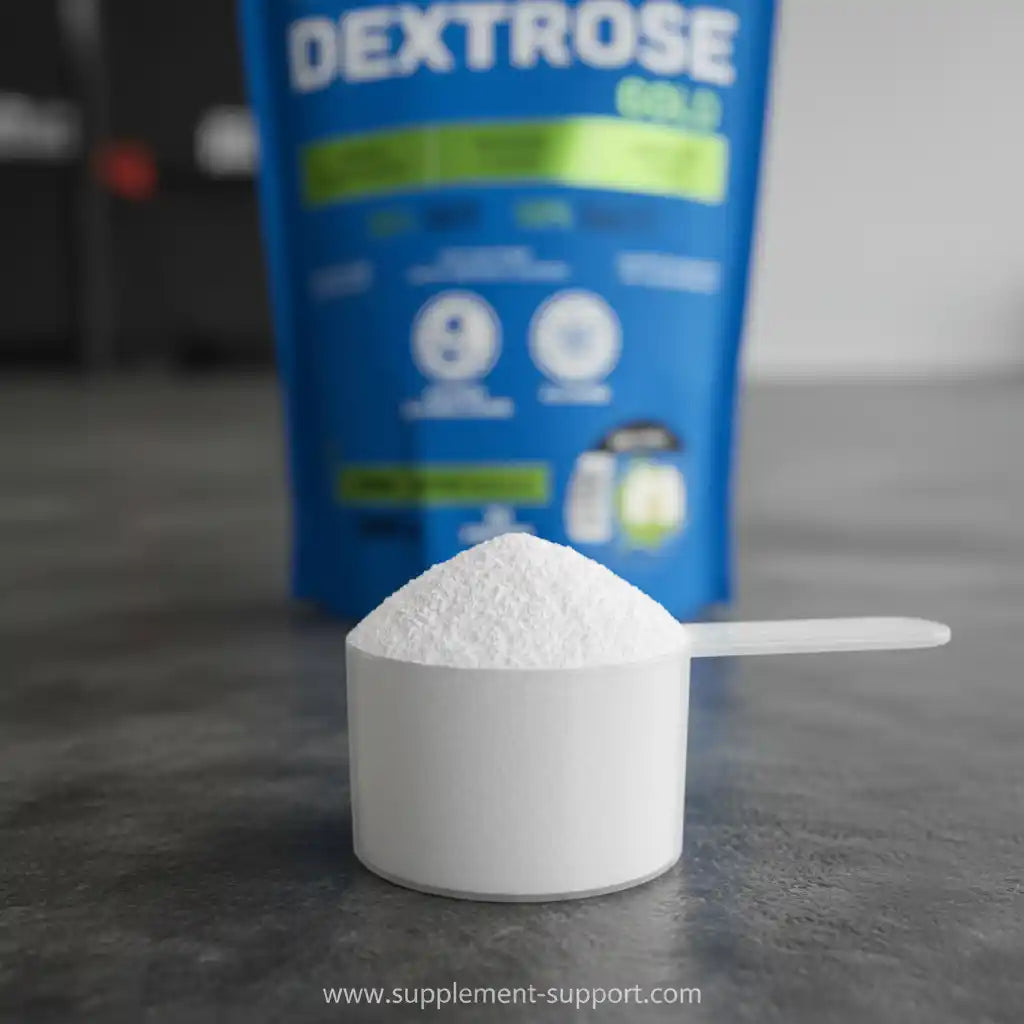 Dextrose Gold Pulver in Messlöffel vor blauer Verpackung – ideal für Sportler und Fitness