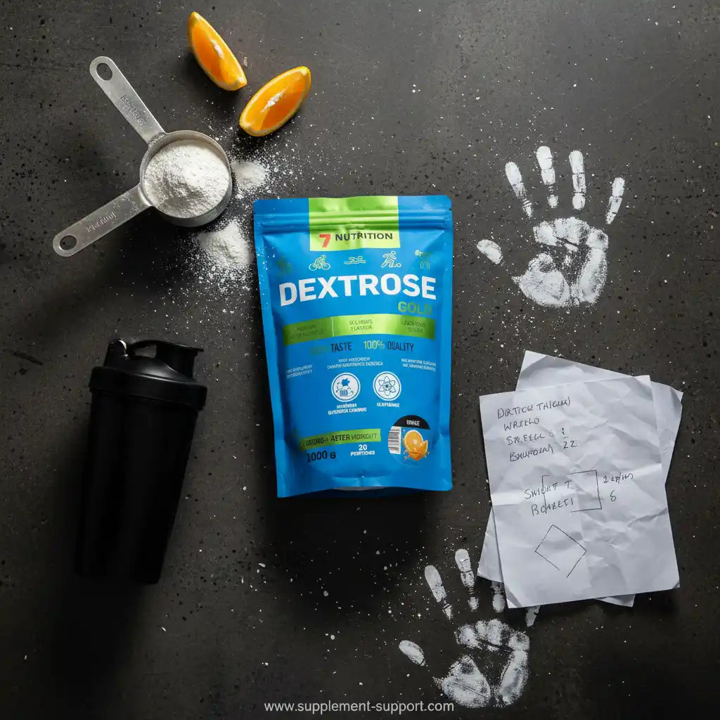Dextrose Gold Pulver von 7 Nutrition mit Shaker, Orangenscheiben und Trainingsplan auf dunklem Hintergrund