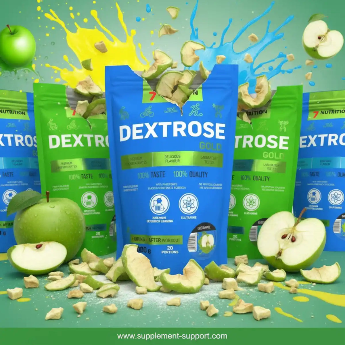 Dextrose Gold Sportnahrung in Beuteln mit grünen Äpfeln und Farbspritzern.