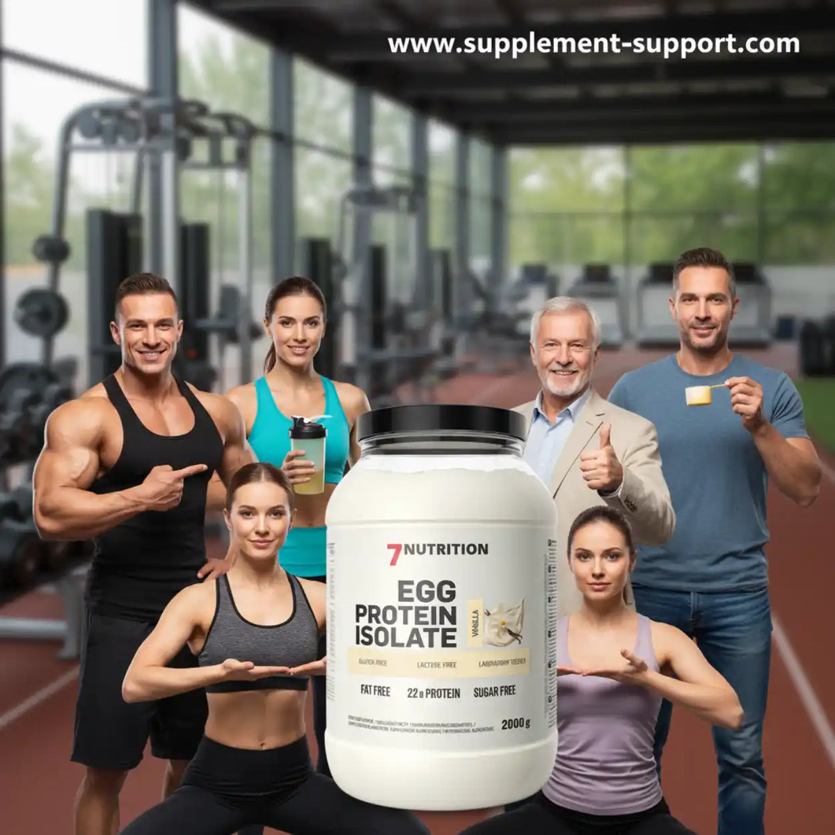 7Nutrition Egg Protein Isolate Vanille vor einer Gruppe von Sportlern im Fitnessstudio