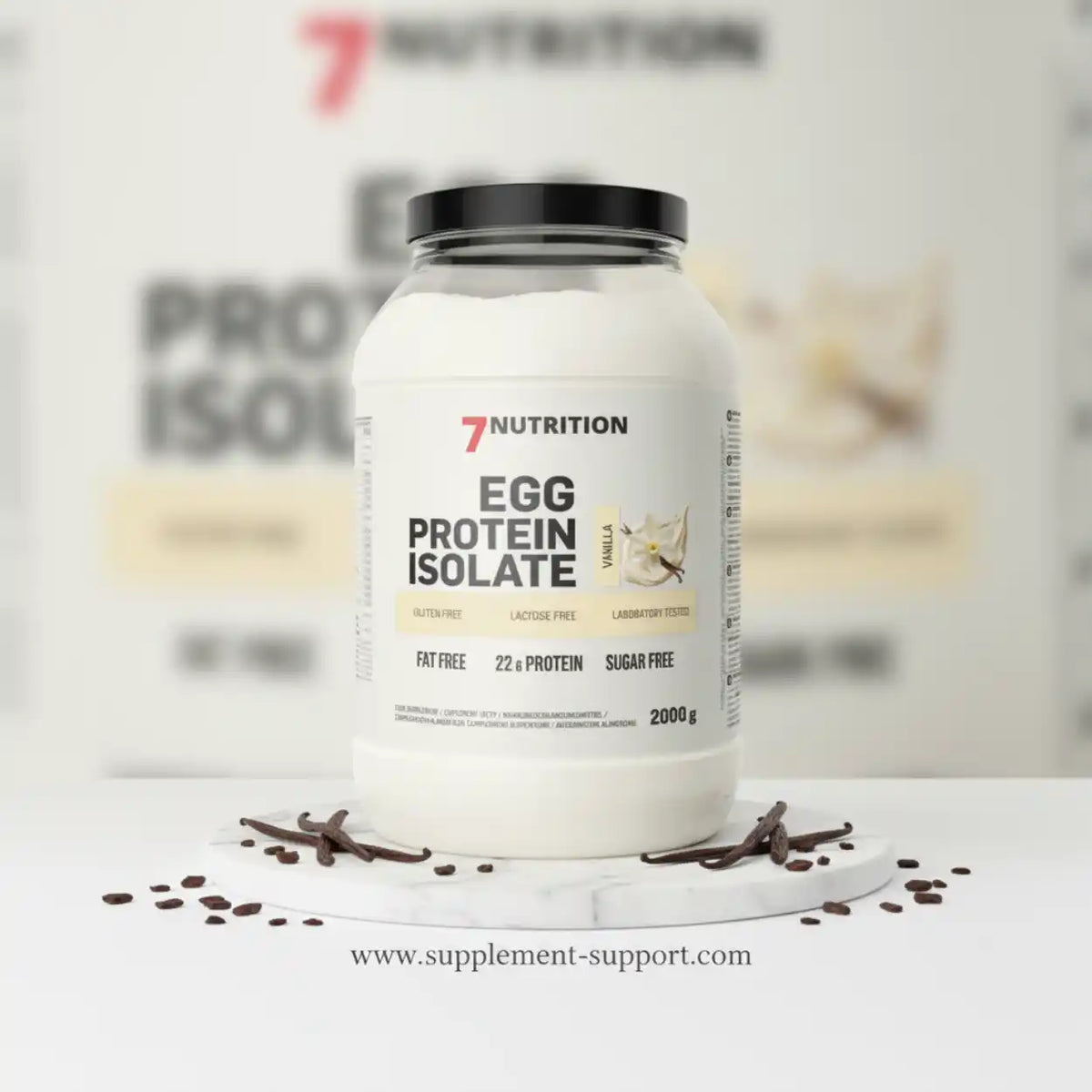 7Nutrition Egg Protein Isolate in Vanille-Geschmack, 2000g Dose auf Marmoruntergrund
