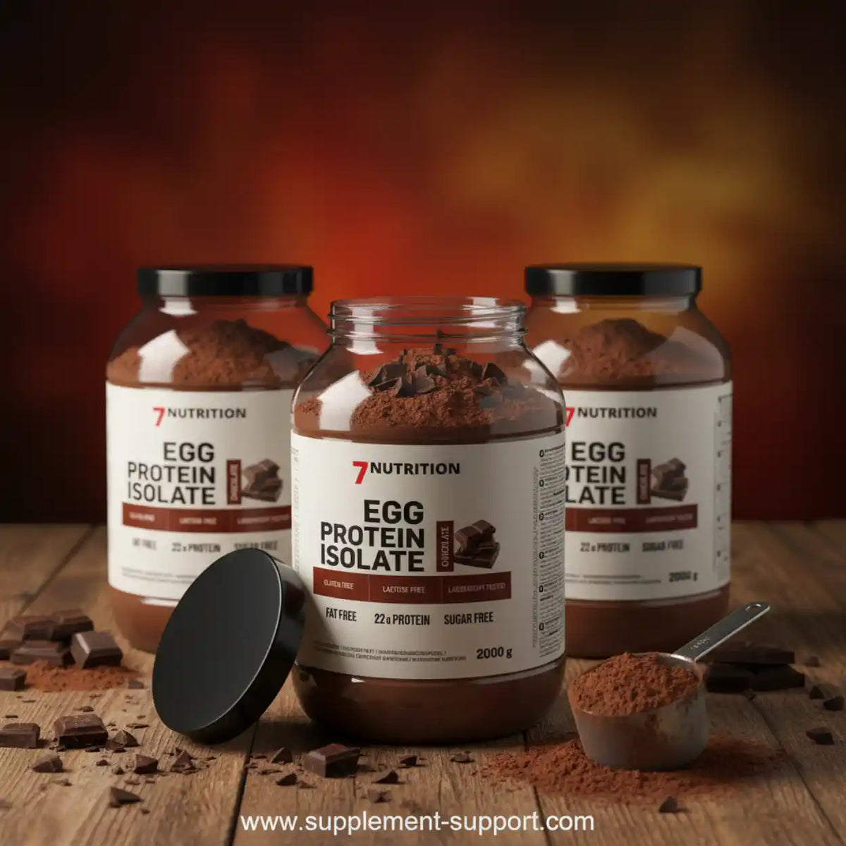 Drei Dosen 7Nutrition Egg Protein Isolate Schokolade mit Schokoladenstücken auf Holztisch
