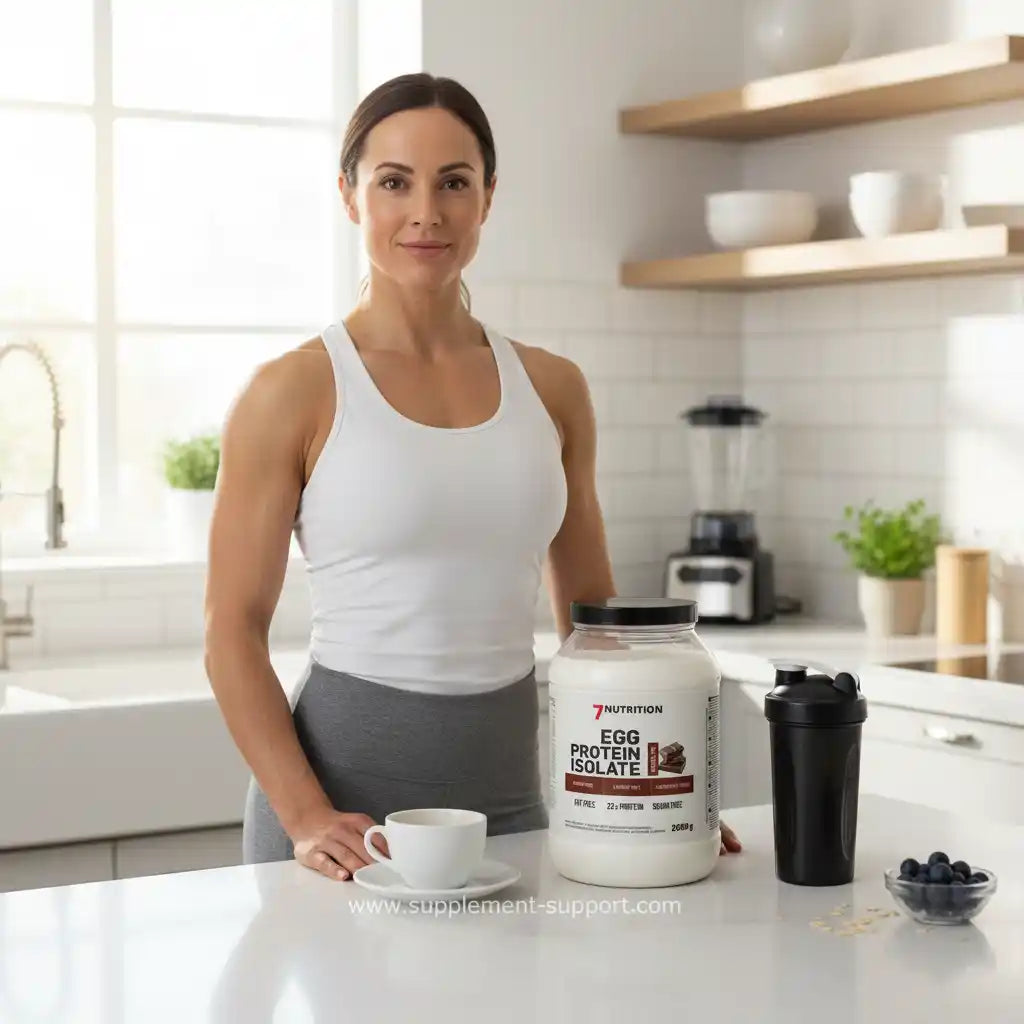 Frau mit Eiweißpulver, Shaker und Beeren in der Küche – ideal für Sportler & Fitness