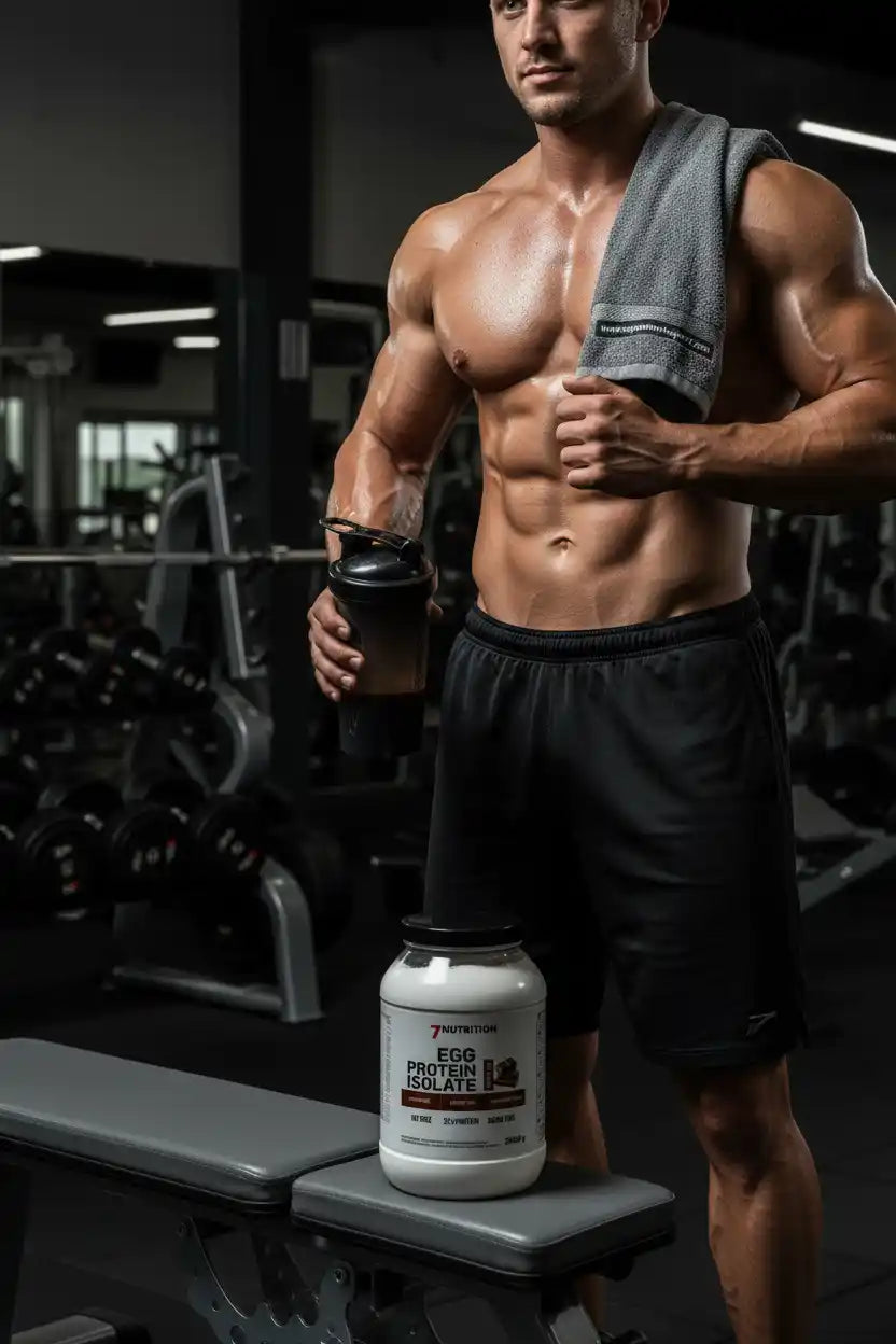 Muskulöser Athlet mit Eiweiß-Shaker und Egg Protein Isolate im Fitnessstudio, ideal für Sportler und Fitness-Enthusiasten