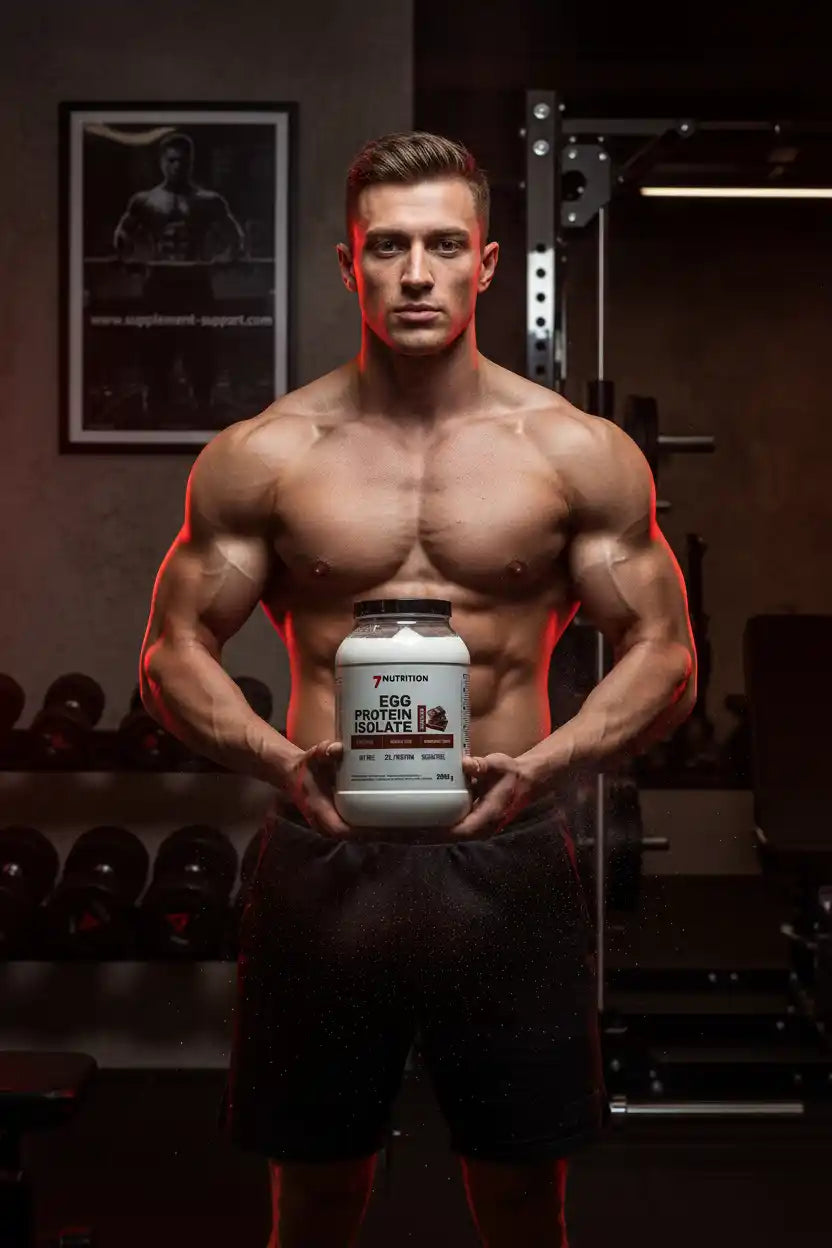 Muskulöser Mann mit Eiweißpulver im Fitnessstudio, ideal für Sportler und Fitnessbegeisterte