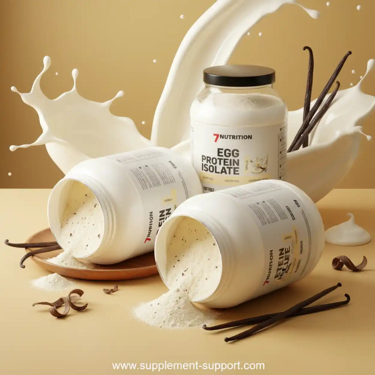7Nutrition Egg Protein Isolate Vanille in drei Tiegeln mit Milchspritzern und Vanilleschoten