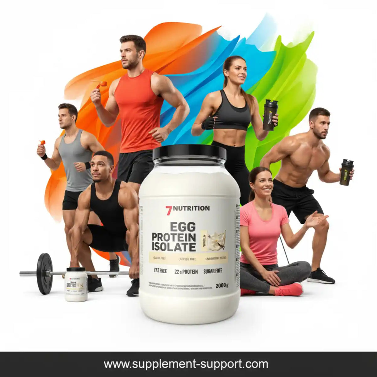 7Nutrition Eiweiß-Isolat Protein-Pulver mit Sportlern im Hintergrund