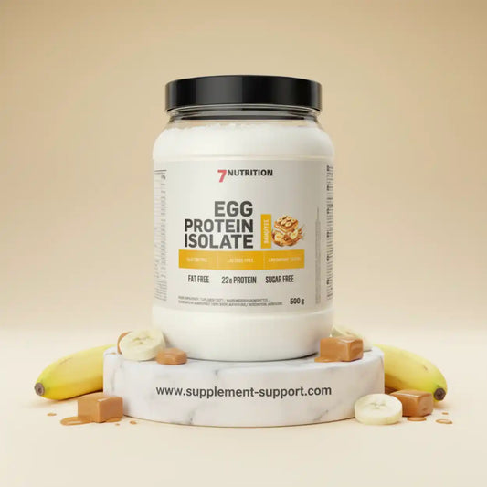 7Nutrition Egg Protein Isolate 500g mit Bananen und Karamell auf Marmor