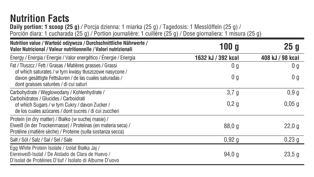 Nährwerttabelle für Eiweiß-Isolat mit Angaben zu Kalorien, Protein und Kohlenhydraten.