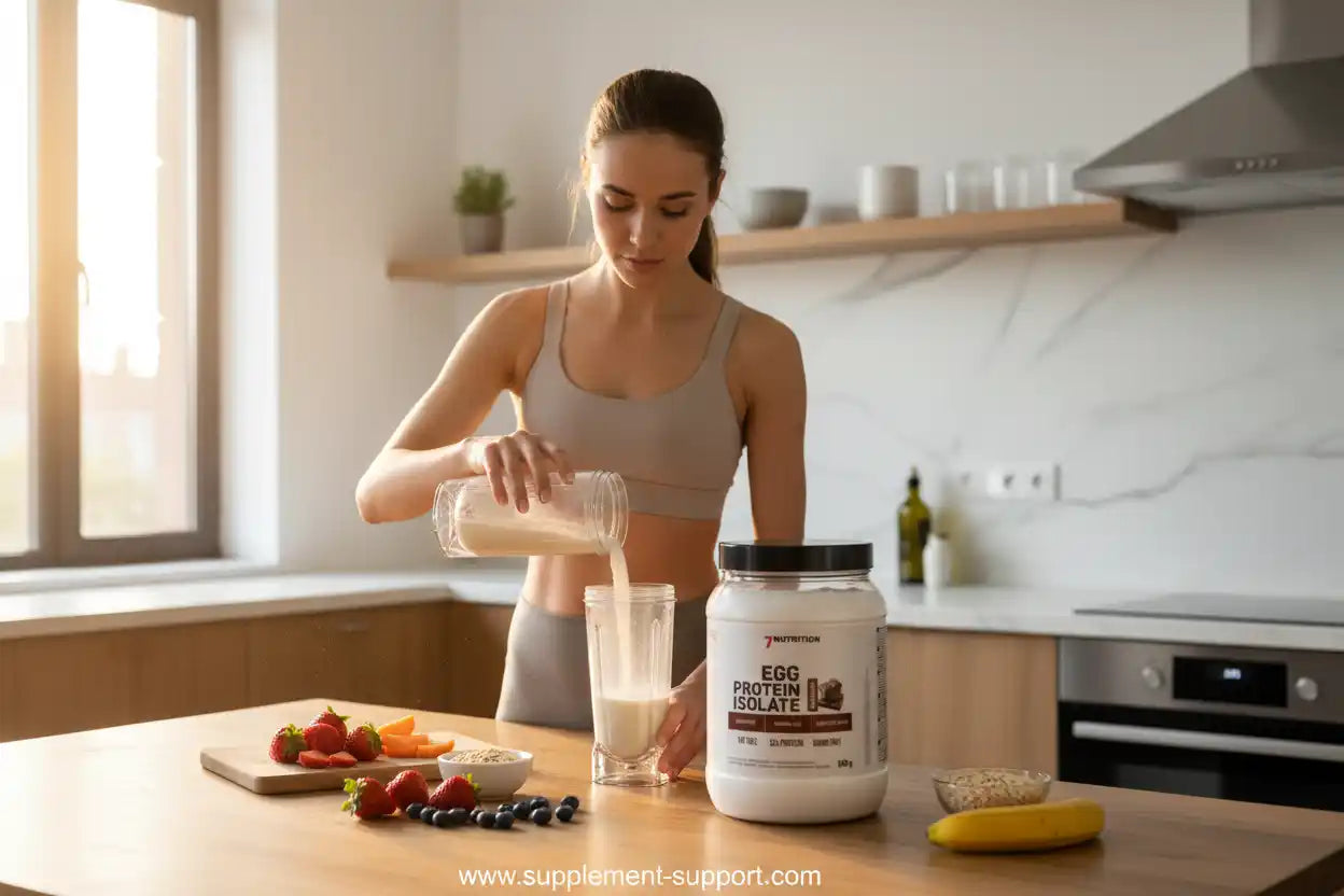 Frau bereitet Eiweißshake mit Eiweißisolat und Früchten in der Küche zu