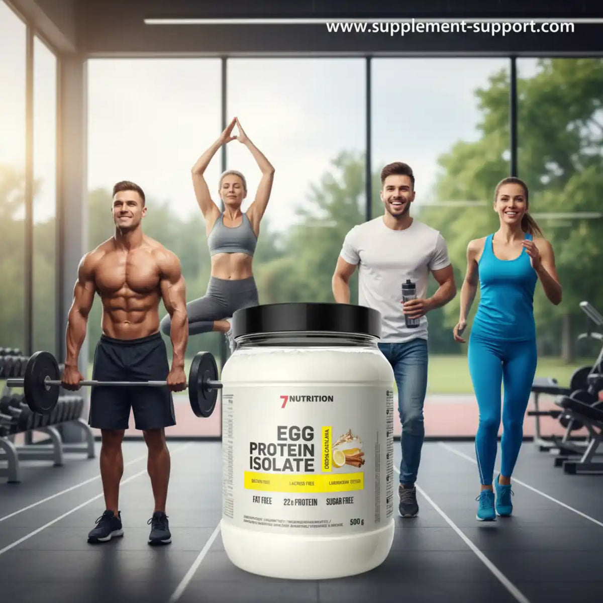 Eiweißisolat in einem weißen Becher vor einem Hintergrund mit sportlich aktiven Menschen im Fitnessstudio.