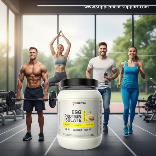 Eiweißisolat in einem weißen Becher vor einem Hintergrund mit sportlich aktiven Menschen im Fitnessstudio.