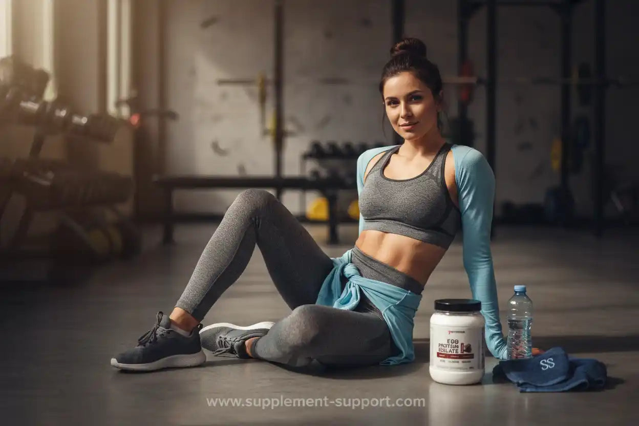 Frau im Fitnessstudio mit Eiweißpulver und Wasserflasche, ideal für Sportler und Fitness-Enthusiasten